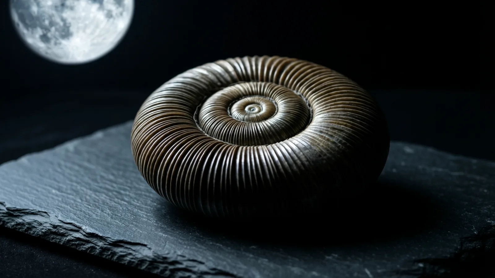 A ribbed, coiled spiral fossil shell with a brown and silver finish sits on a grey slate slab. A blurred full moon glows in the upper left corner of an otherwise black background.