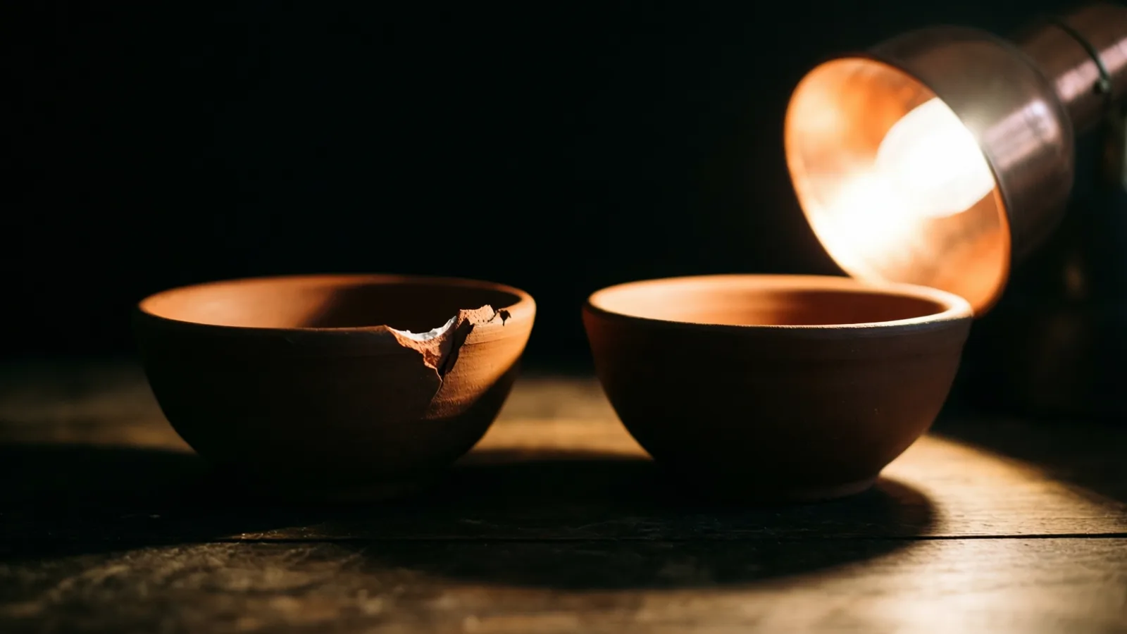 Two terracotta bowls sit side by side on a dark wooden table, the left one with a chipped, broken rim and the right one intact. A bright lamp with a metal shade glows at the upper right.