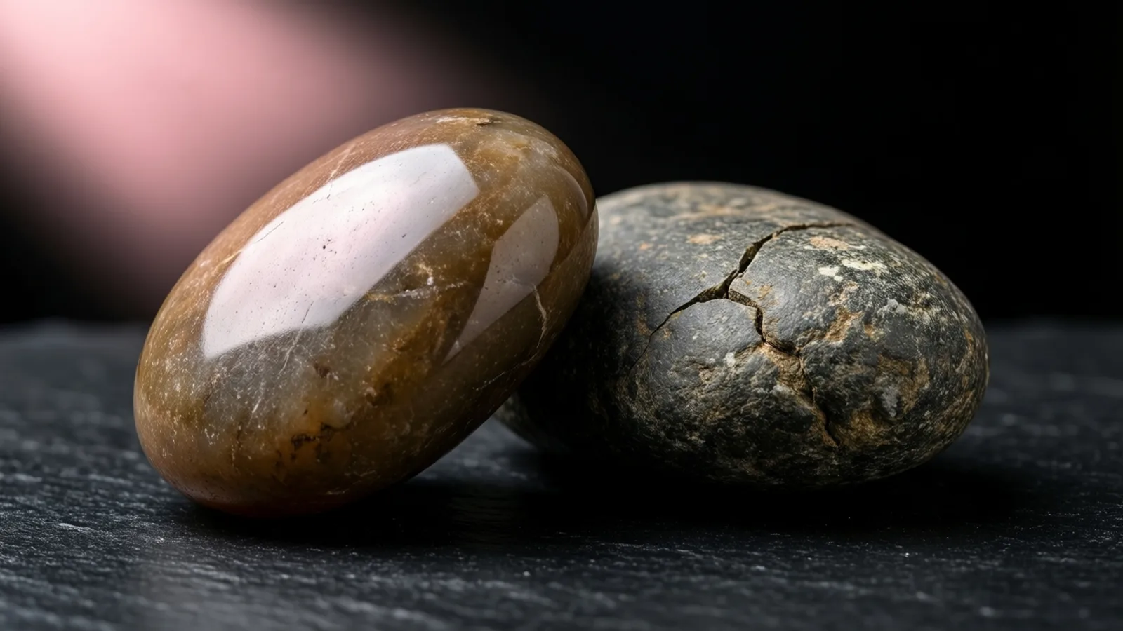 Two smooth stones rest against each other on dark slate, the left one polished and brown with a glossy pink reflection, the right one rough, dark grey and cracked. Soft pink light glows at upper left against black.