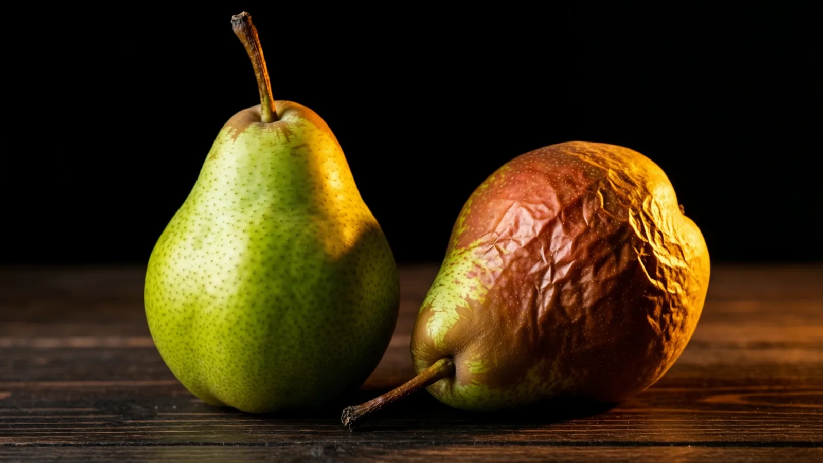 Two pears stand side by side on a dark wooden surface. One is smooth, green and yellow with fine speckles; the other is brown, red and wrinkled. Warm light falls from the right against a black background.