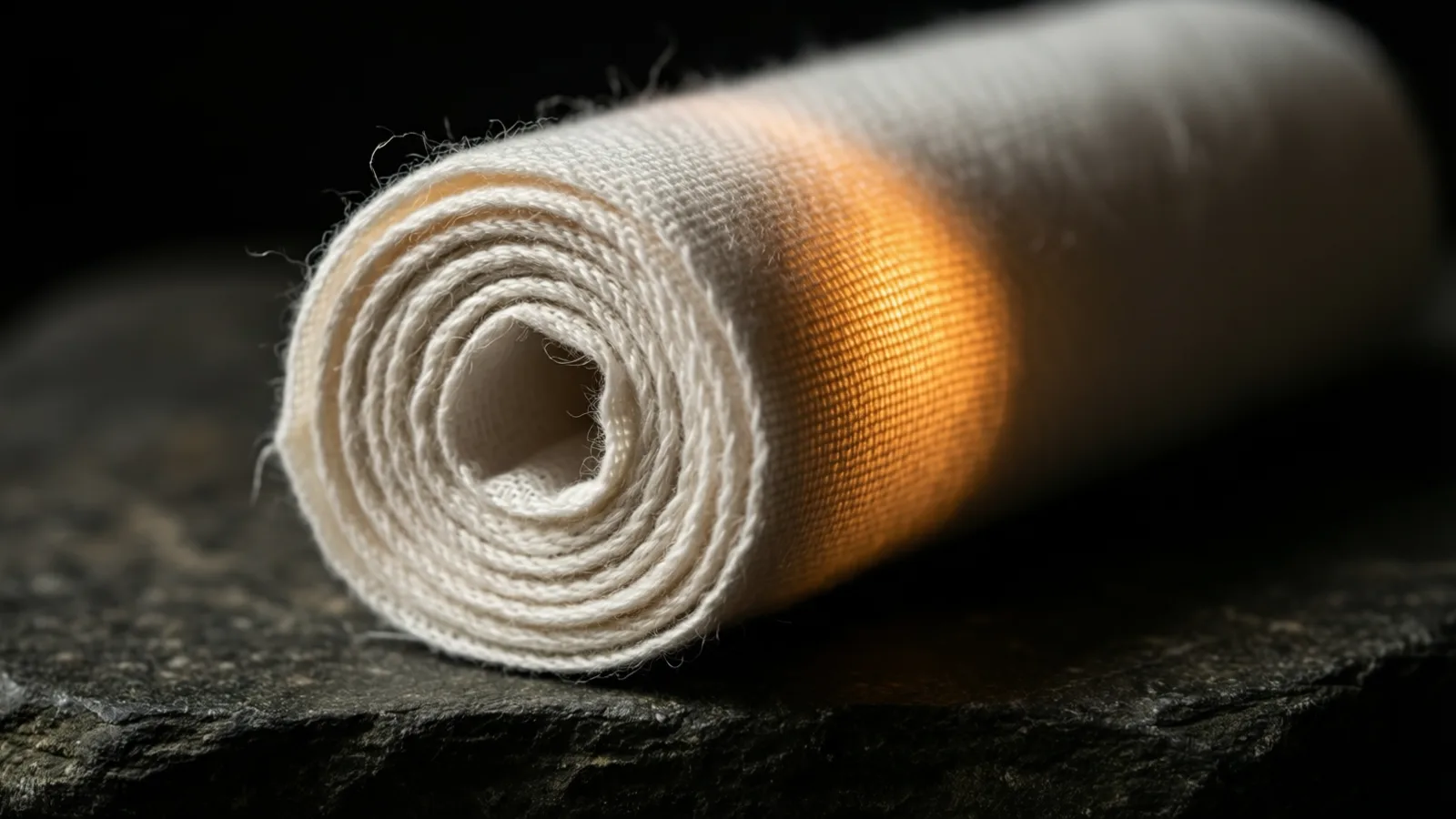 A tight roll of plain gauze bandage on dark stone, warm light tracing the spiral of fabric along its outer layer.