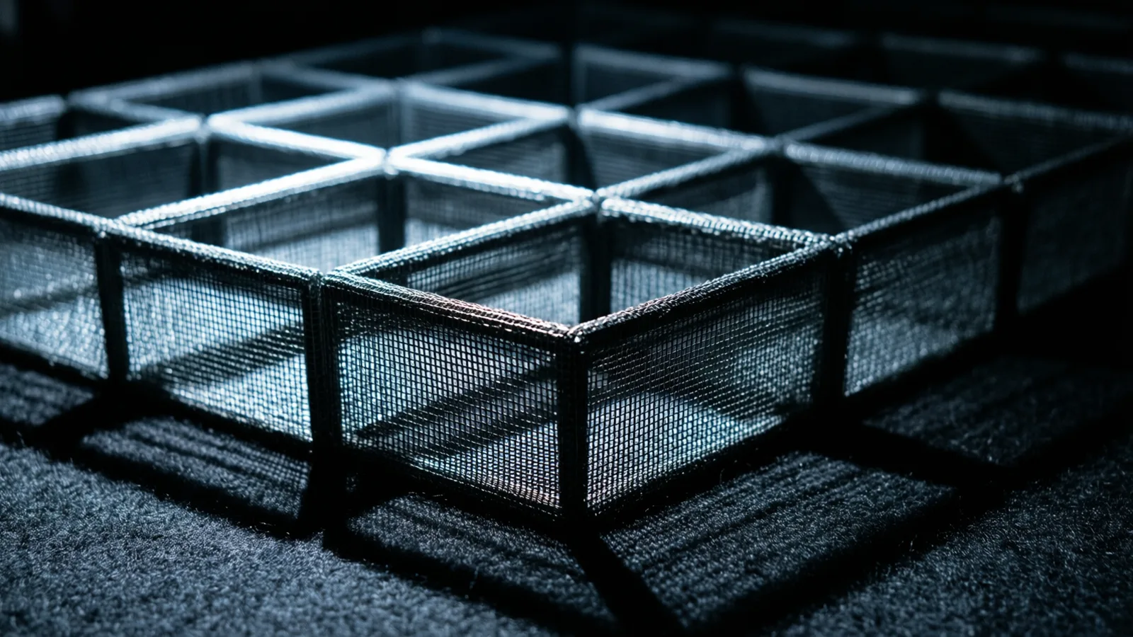 An empty grid of fine steel mesh dividers on dark felt, cold light crossing the cells and casting a lattice of shadows.