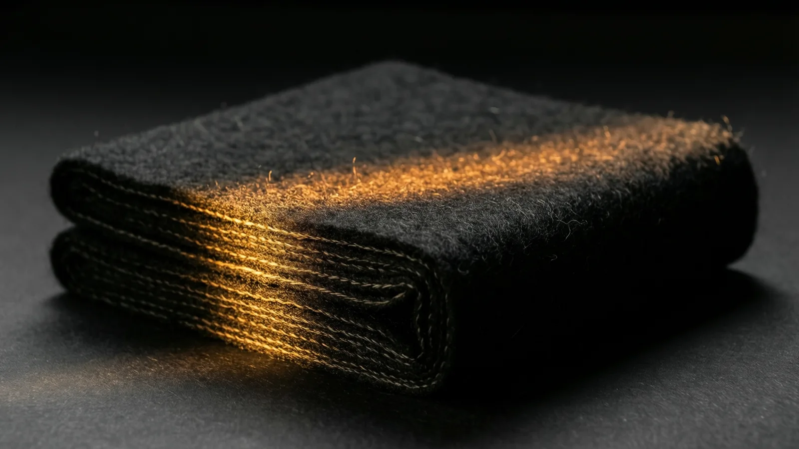 A thick block of folded dark felt on a black surface, warm light raking across its compressed layered edge.