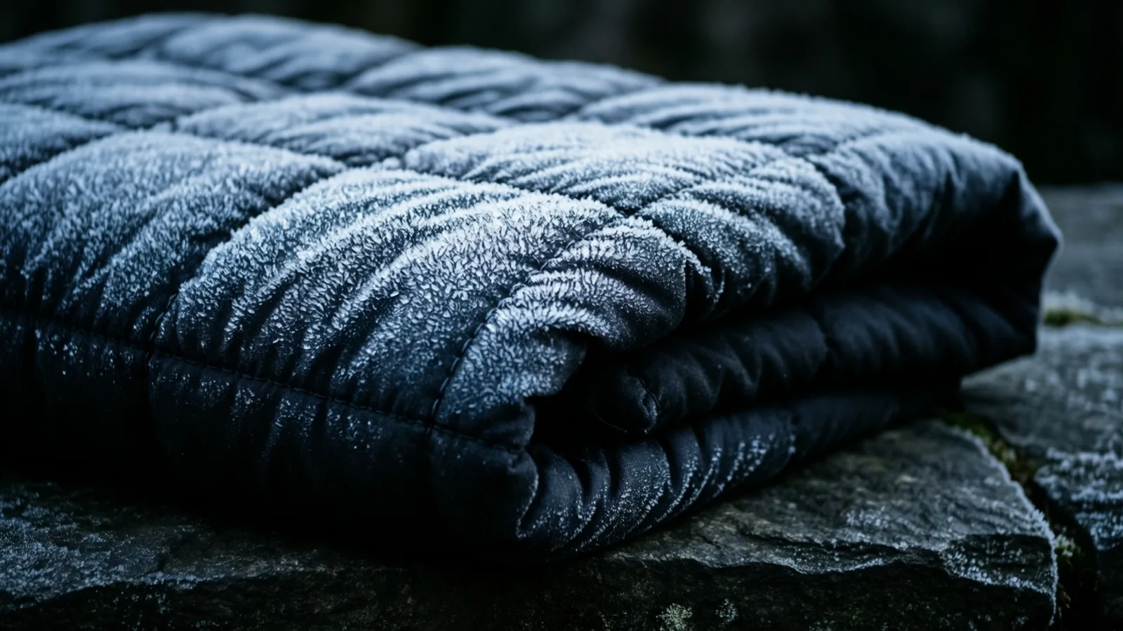 Several layers of dark, quilted fabric with raised, parallel stitching rest on a rough, dark stone surface, light highlighting the top surface, creating a bright, crystalline sheen.