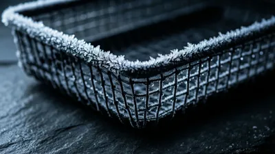 A shallow wire mesh tray rimed with frost, cold light raking across its grid and catching tiny ice crystals on the wires.