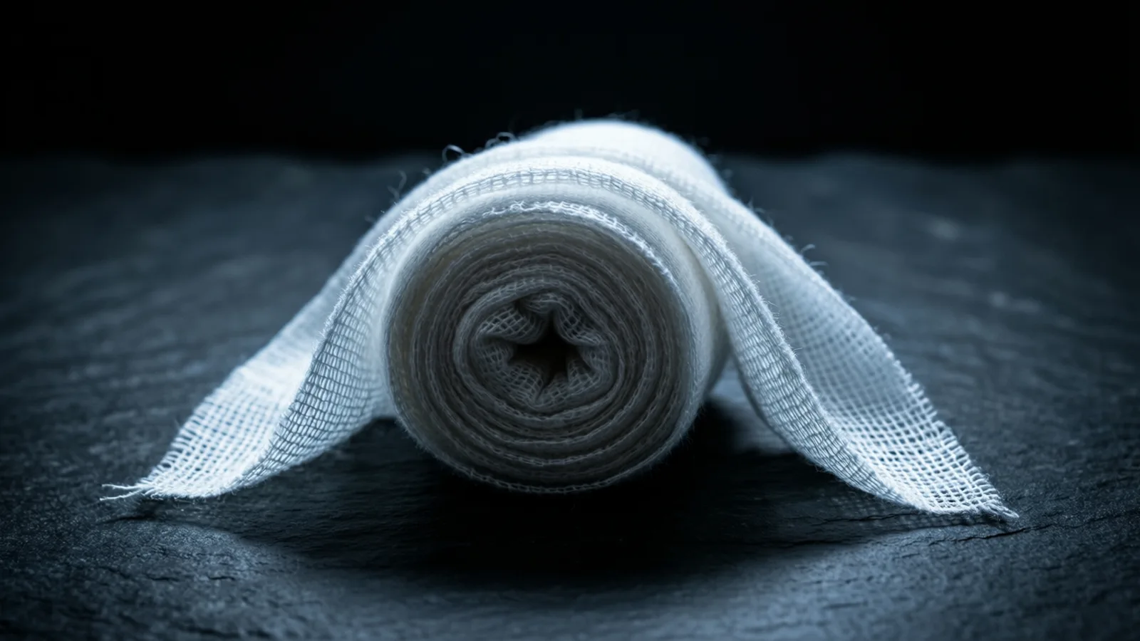 A loose knot of plain woven gauze on dark stone, cold light skimming across its looping folds and open weave.