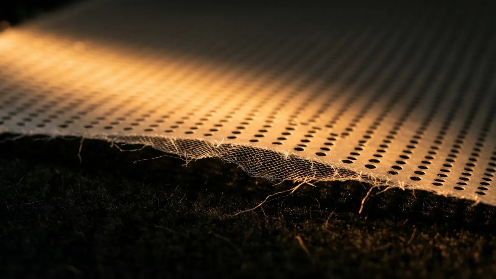 A perforated membrane sheet with one ragged torn edge, warm light catching the loose frayed fibers where it tears.