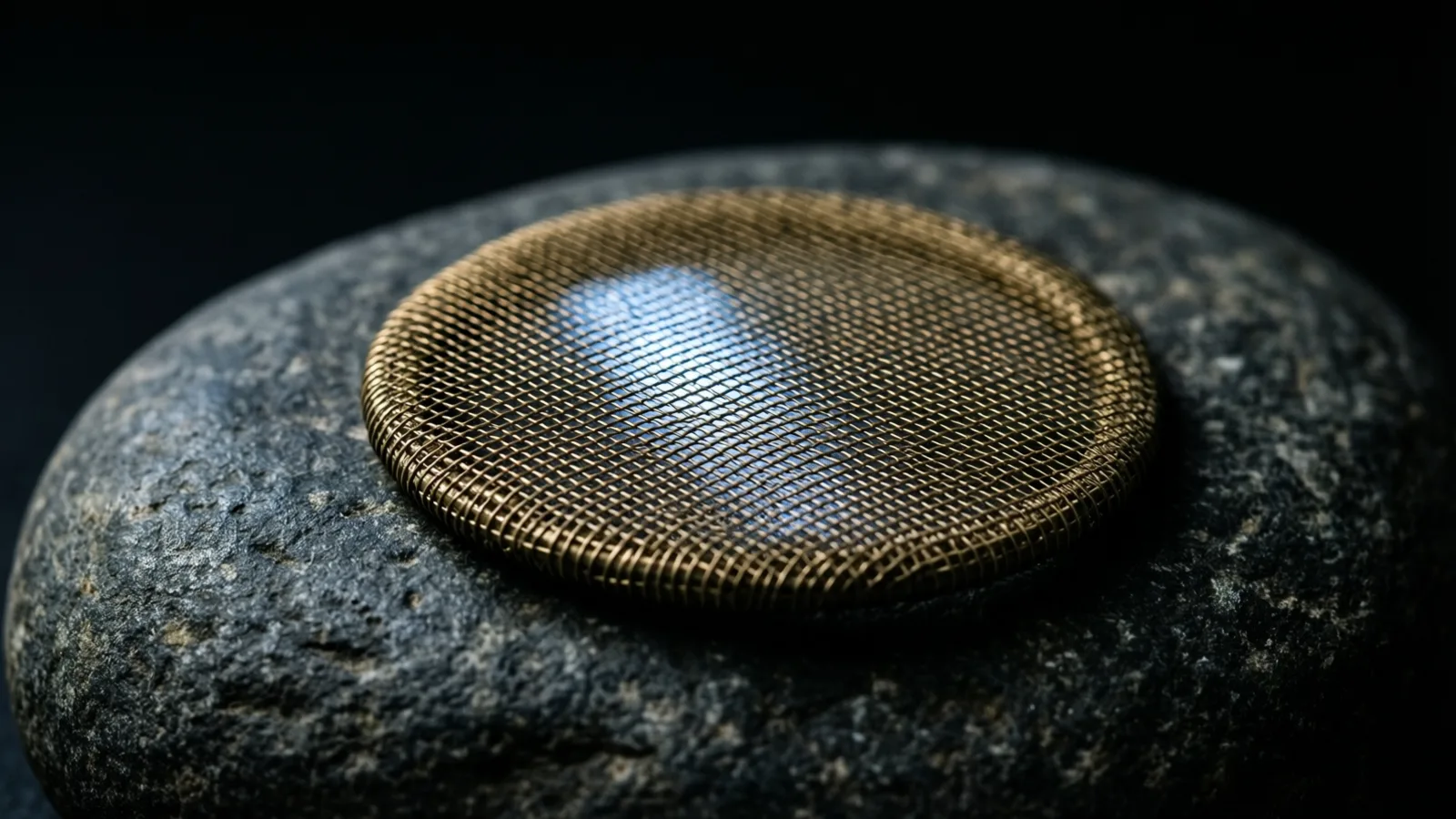 A small disc of fine brass mesh resting on rough stone, cold light glinting off a few raised crossing wires.
