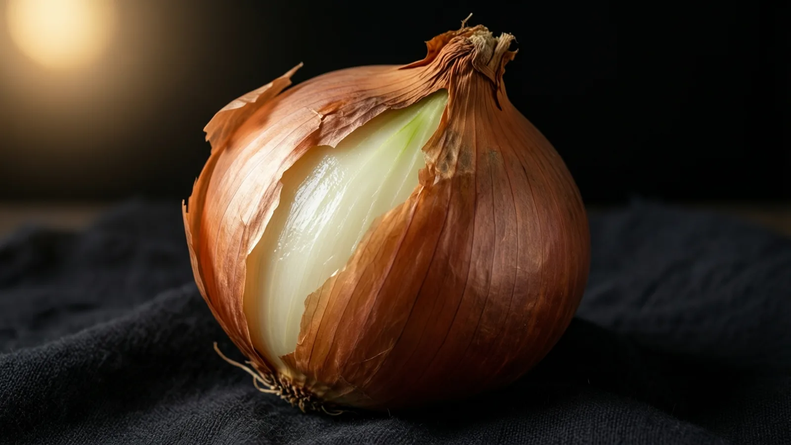 Una cebolla marrón con la piel de papel pelada de un lado, que deja ver la pulpa verde crema pálida, sobre una tela oscura y arrugada. La luz cae sobre el frente y la pulpa expuesta, con un resplandor suave arriba a la izquierda y un fondo negro.