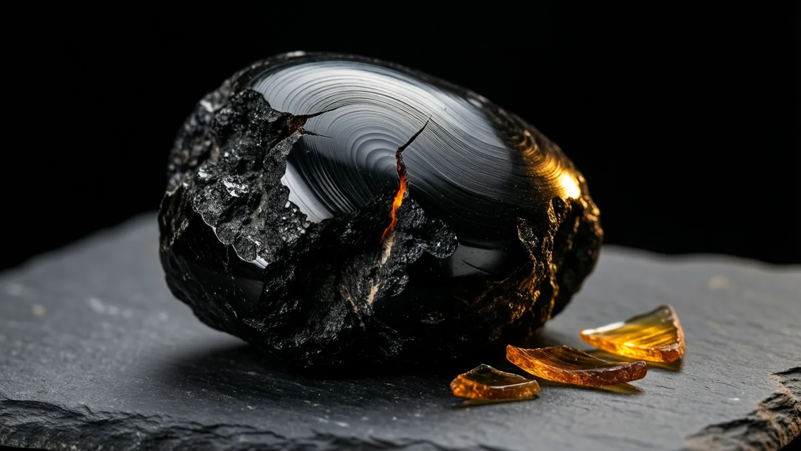 Una piedra oscura en forma de huevo, con la parte superior pulida y la superficie áspera y quebrada, descansa sobre una losa de piedra gris, junto a unos fragmentos translúcidos de color naranja ámbar. La luz viene de la derecha y deja un destello cálido en el borde derecho, contra un fondo negro.
