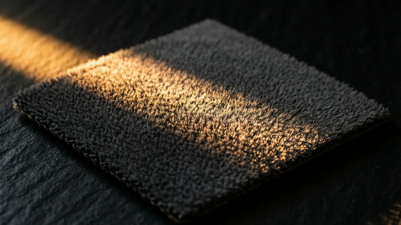 Un trozo rectangular de tela de pelo corto, densa y gris oscura, descansa sobre una superficie oscura con textura. Una franja de luz cálida lo cruza en diagonal, resaltando las fibras, y continúa sobre la superficie en la parte superior izquierda.