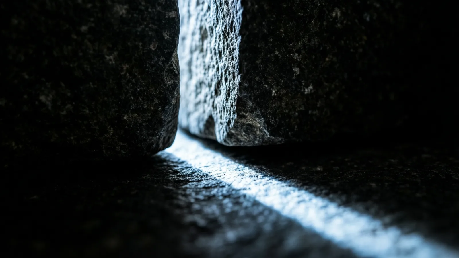 Una fina hoja de luz fría atraviesa una ranura estrecha en una losa de piedra y cae como una línea nítida sobre la superficie texturizada de abajo.
