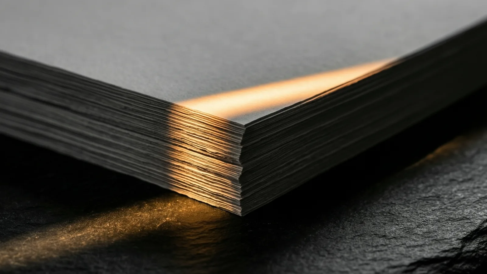Una pila gruesa de hojas de papel gris descansa de esquina sobre pizarra oscura y texturada, con una franja estrecha de luz cálida que cruza la hoja superior, enciende los cantos apilados y luego se prolonga sobre la piedra delante.