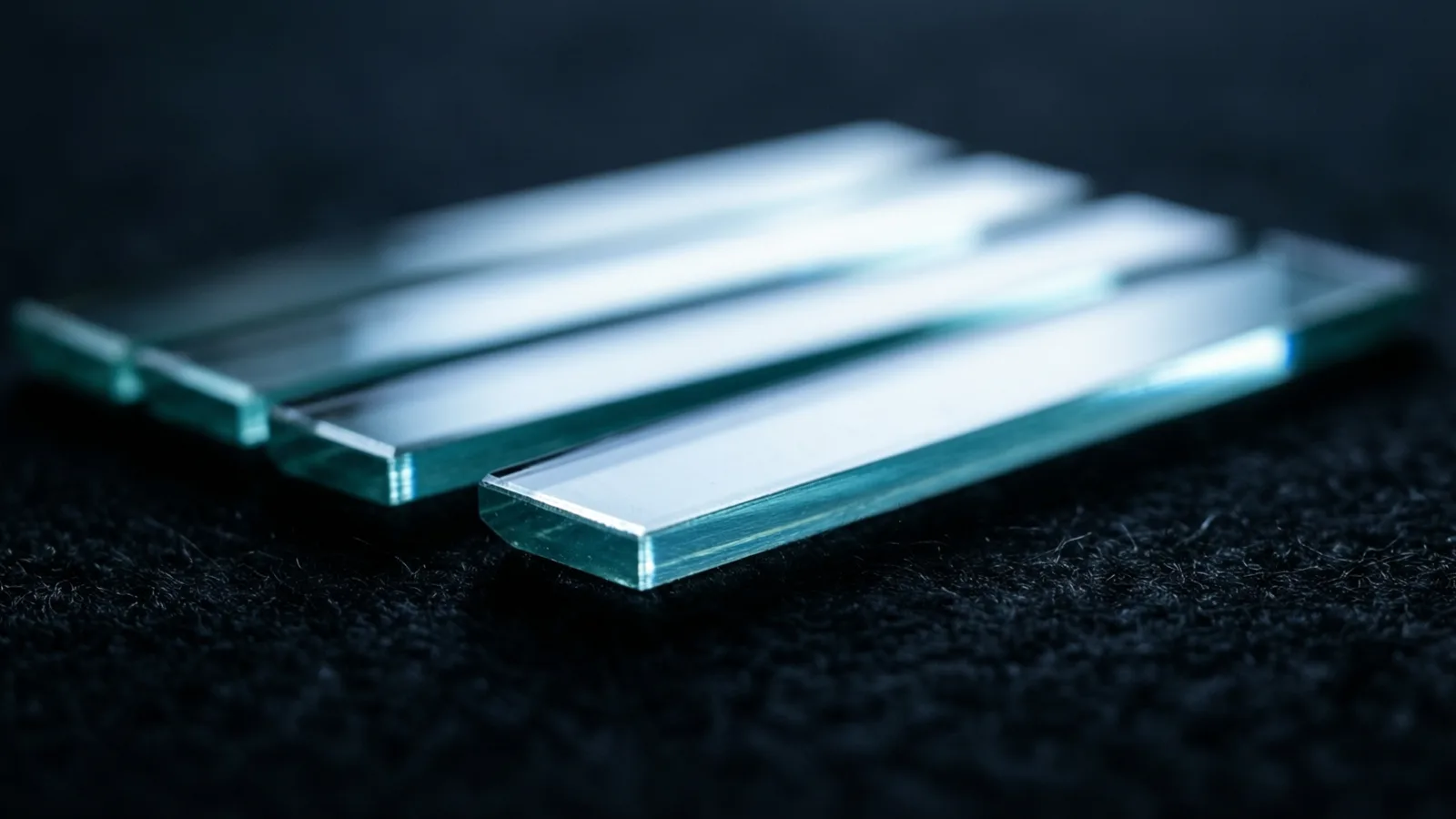 Varias barras gruesas de vidrio rectangular descansan superpuestas en fila sobre fieltro oscuro, con los cantos cortados de un verde pálido, y cada cara pulida retiene una franja estrecha de luz fría a lo largo.