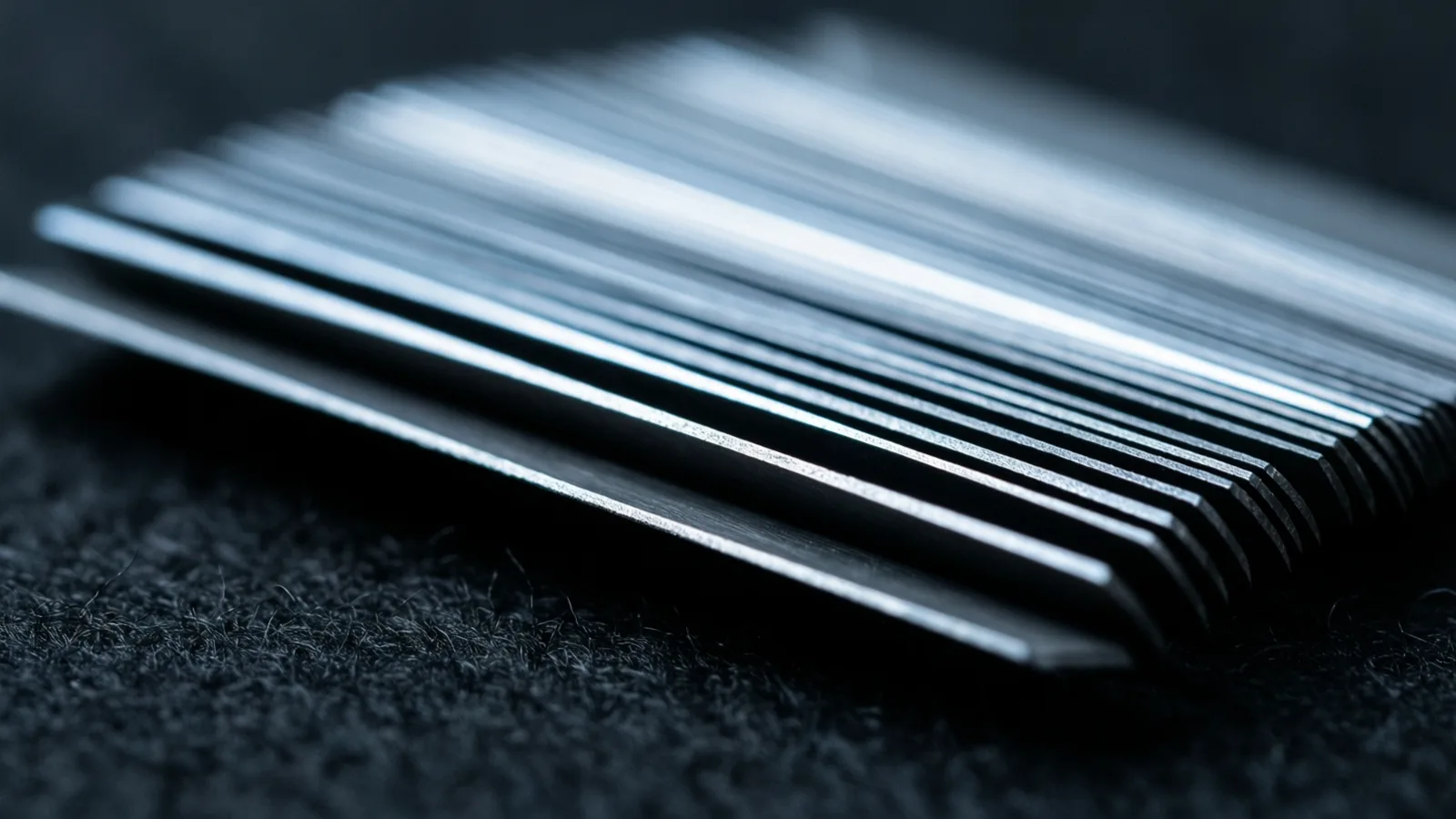 A small fan of thin steel shims spreads across dark felt, each graduated edge catching a slightly brighter step of cold light.