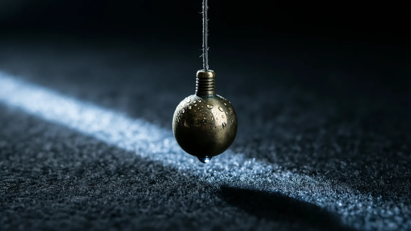 A metal sphere beaded with droplets hangs from a thin thread above a dark textured surface, a diagonal beam of cool light crossing it and dropping a soft shadow below.