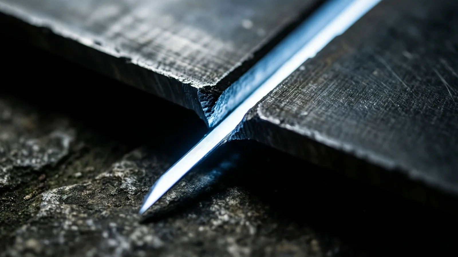 Several dark, textured slabs rest on a coarse, uneven surface, a single metallic blade cutting between them, reflecting light along its edge.