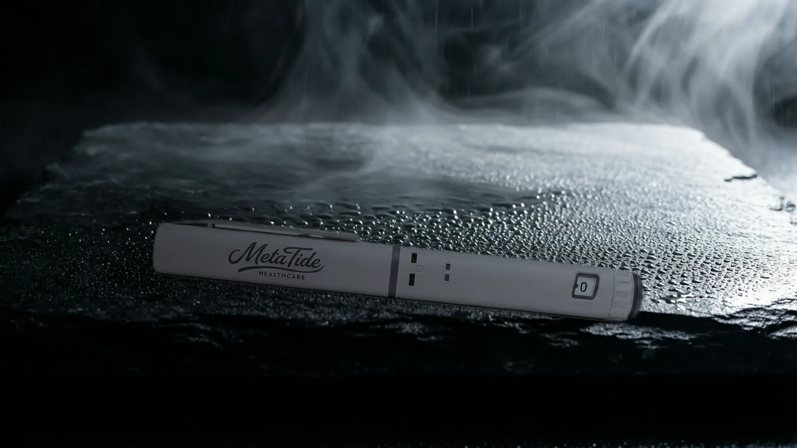 A prefilled multi-dose research pen on a black stone slab beaded with fine condensation, lit coolly from the right.