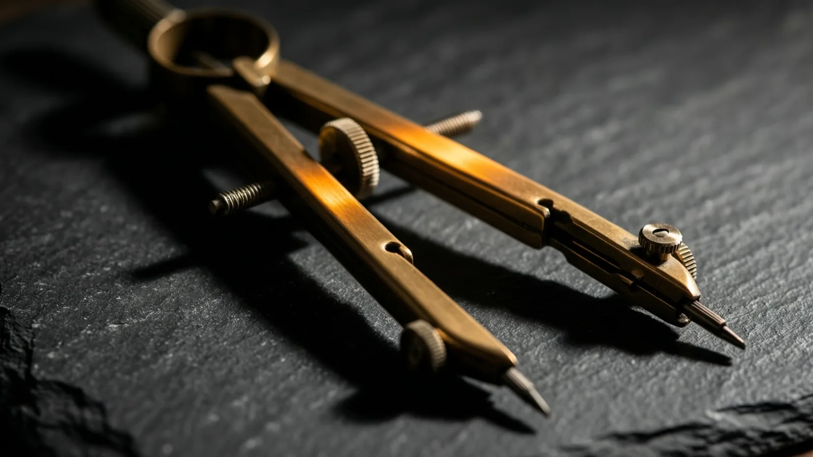 A brass drafting compass lies open on its side on dark slate, its knurled steel wheels and fine needle point visible, warm raking light along the arms casting straight shadows across the stone.