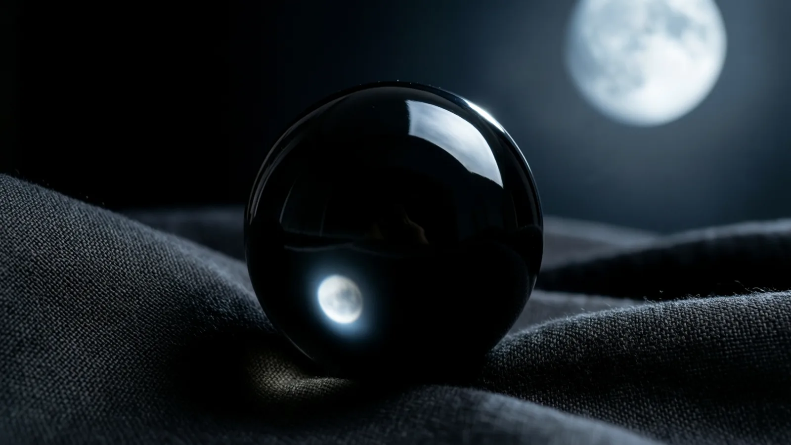 Una esfera negra y brillante descansa entre los pliegues de una tela tejida gris oscuro. Una luna llena luminosa se ve desenfocada al fondo, arriba a la derecha, y un pequeño reflejo de la luna aparece en la parte baja de la esfera.