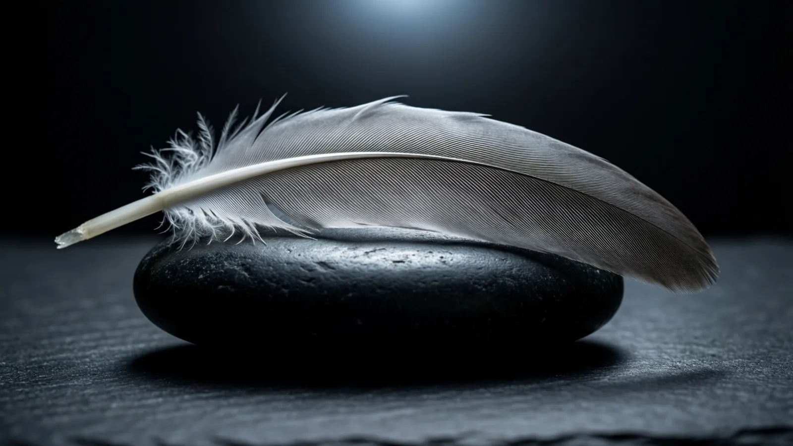 Una pluma gris claro descansa sobre una piedra negra y lisa, apoyada en una superficie de pizarra oscura. Una luz azulada y suave brilla en la parte superior y resalta las finas barbas de la pluma; el fondo es negro.