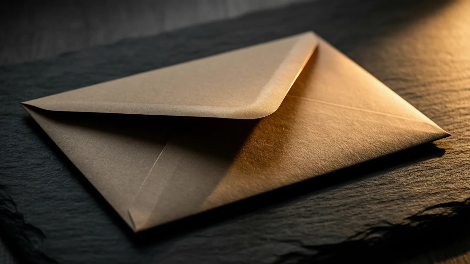 A tan paper envelope lies flap upward on dark textured slate, its triangular flap lifted enough to show a black gap beneath, while warm raking light from the right grazes the fibrous paper and stone.