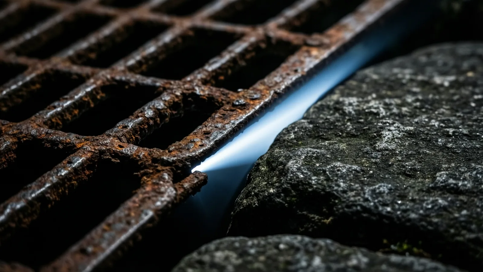 A section of rusted metal grate rests over dark stone, a narrow gap in it letting through a single sharp line of cold light.