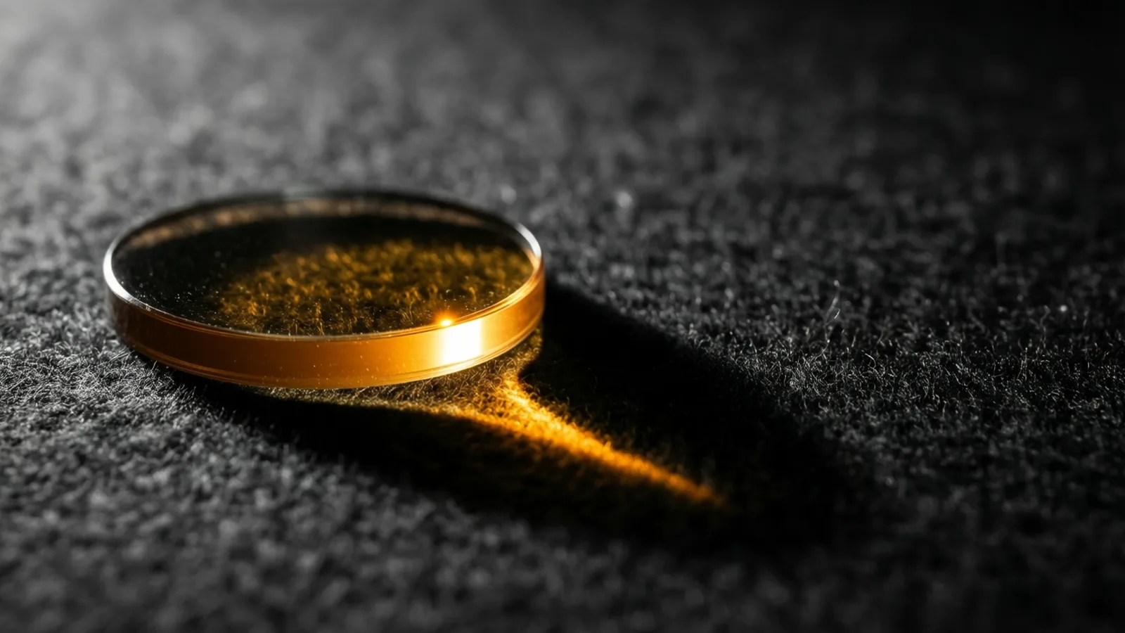 A small round glass lens lies on dark felt, its curved face catching one sharp glint of warm light with a thin shadow arcing away from it.