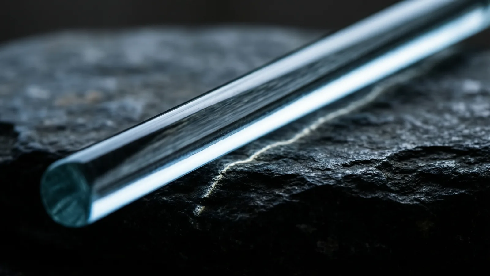A single transparent rod with a faceted end lies diagonally on dark, rough stone, light running the length of it.
