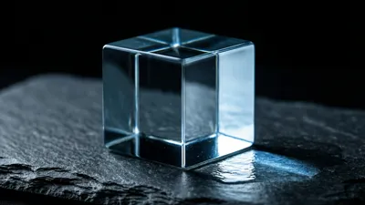 A solid glass cube rests on dark slate, bending a blade of cold light into a small fan of caustic light on the stone beside it.