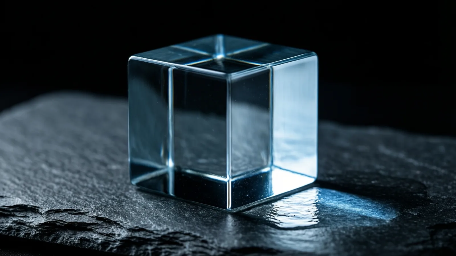 One transparent cube rests on a dark, rough-textured surface, light reflecting off its edges and casting a bright patch on the surface beneath.