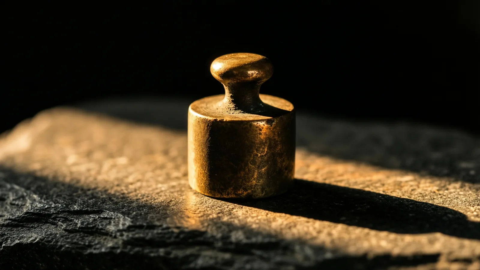 Una pequeña pesa maciza de latón reposa sobre piedra rugosa, iluminada por una franja baja de luz cálida que proyecta sobre la superficie una única sombra larga de bordes duros.