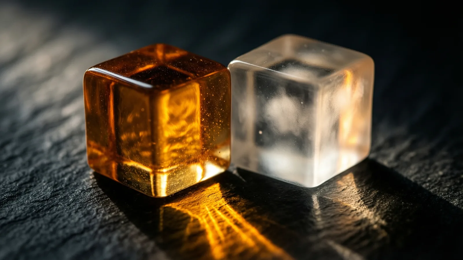 Dos pequeños bloques de vidrio descansan sobre pizarra oscura bajo la misma franja de luz cálida: uno transparente, que proyecta un nítido patrón cáustico, y otro levemente velado, que brilla con suavidad.