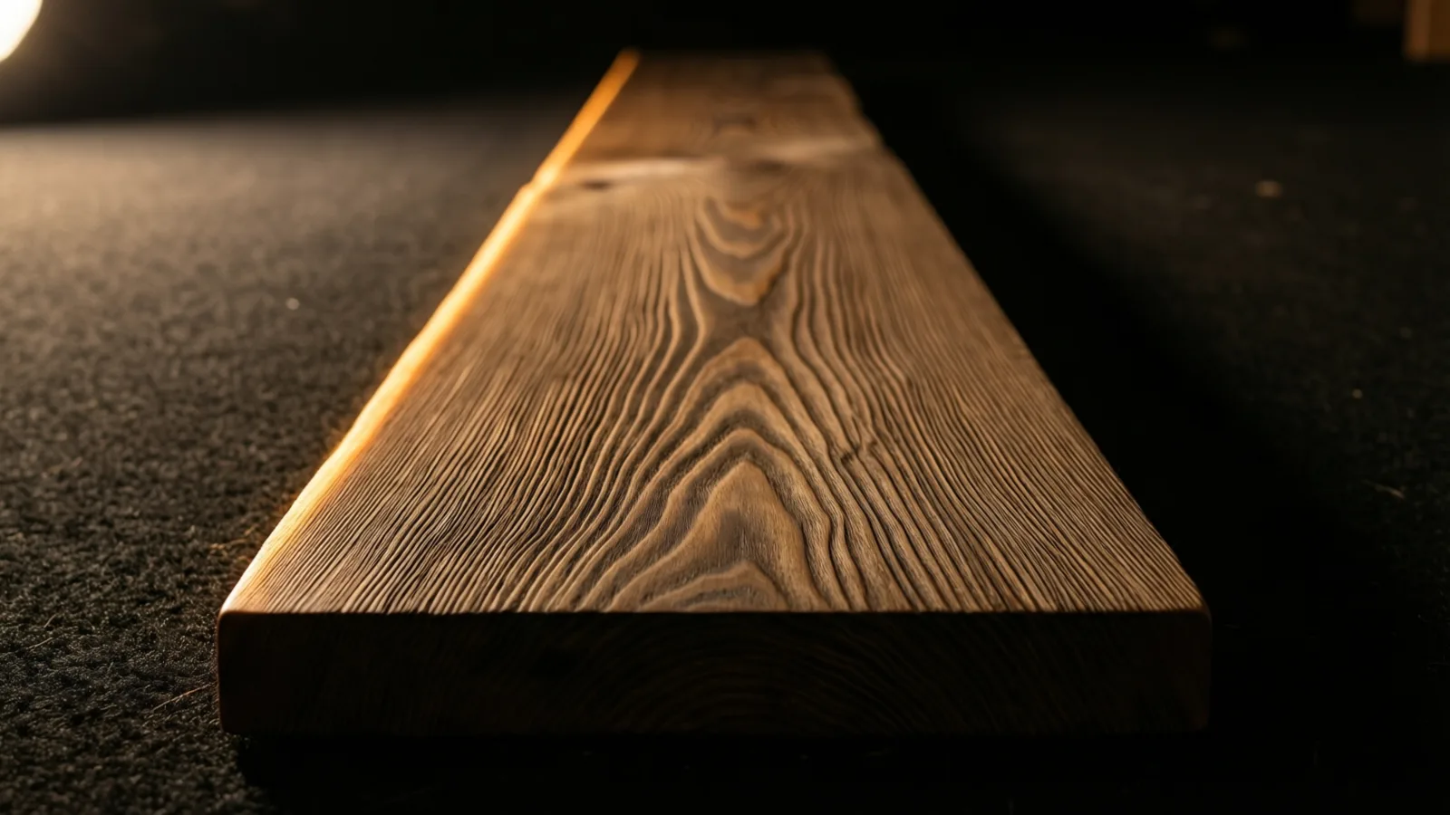 A long weathered wooden plank lies on a dark grainy surface, its grain raised in fine ridges, with a single unbroken line of warm amber light running the length of its upper left edge into shadow.