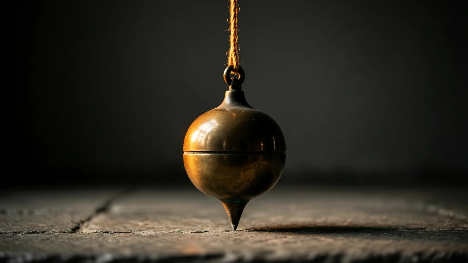 A tarnished metal spindle hangs from a twisted cord above rough stone, warm light on its upper curve and darkness behind.