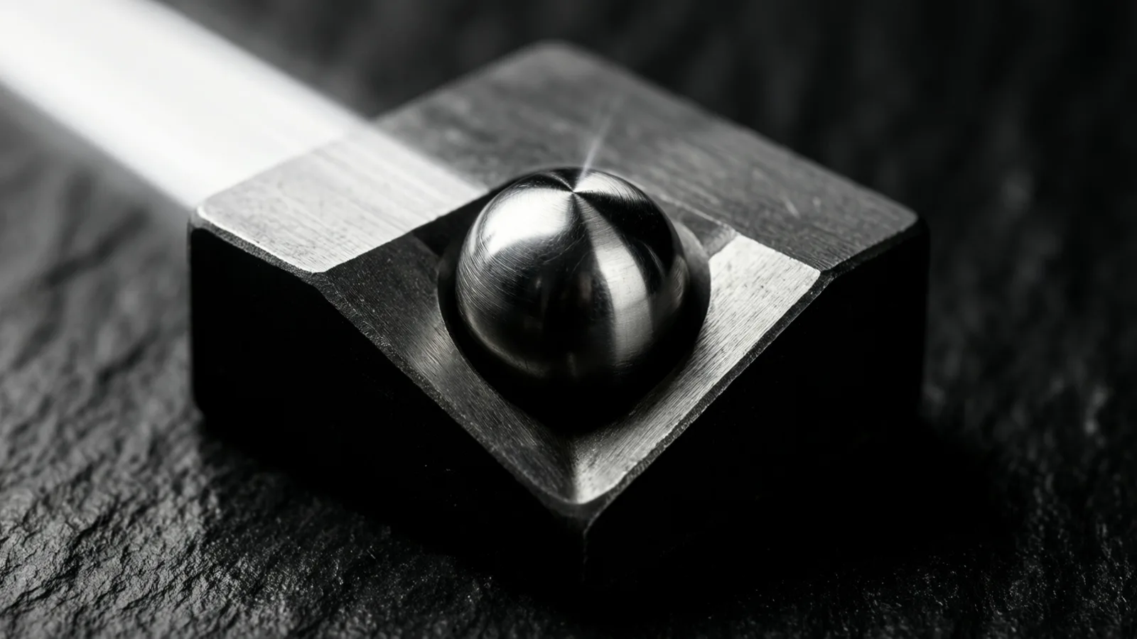 A polished steel ball resting in the V-shaped groove of a small metal block on dark stone, lit from one side.