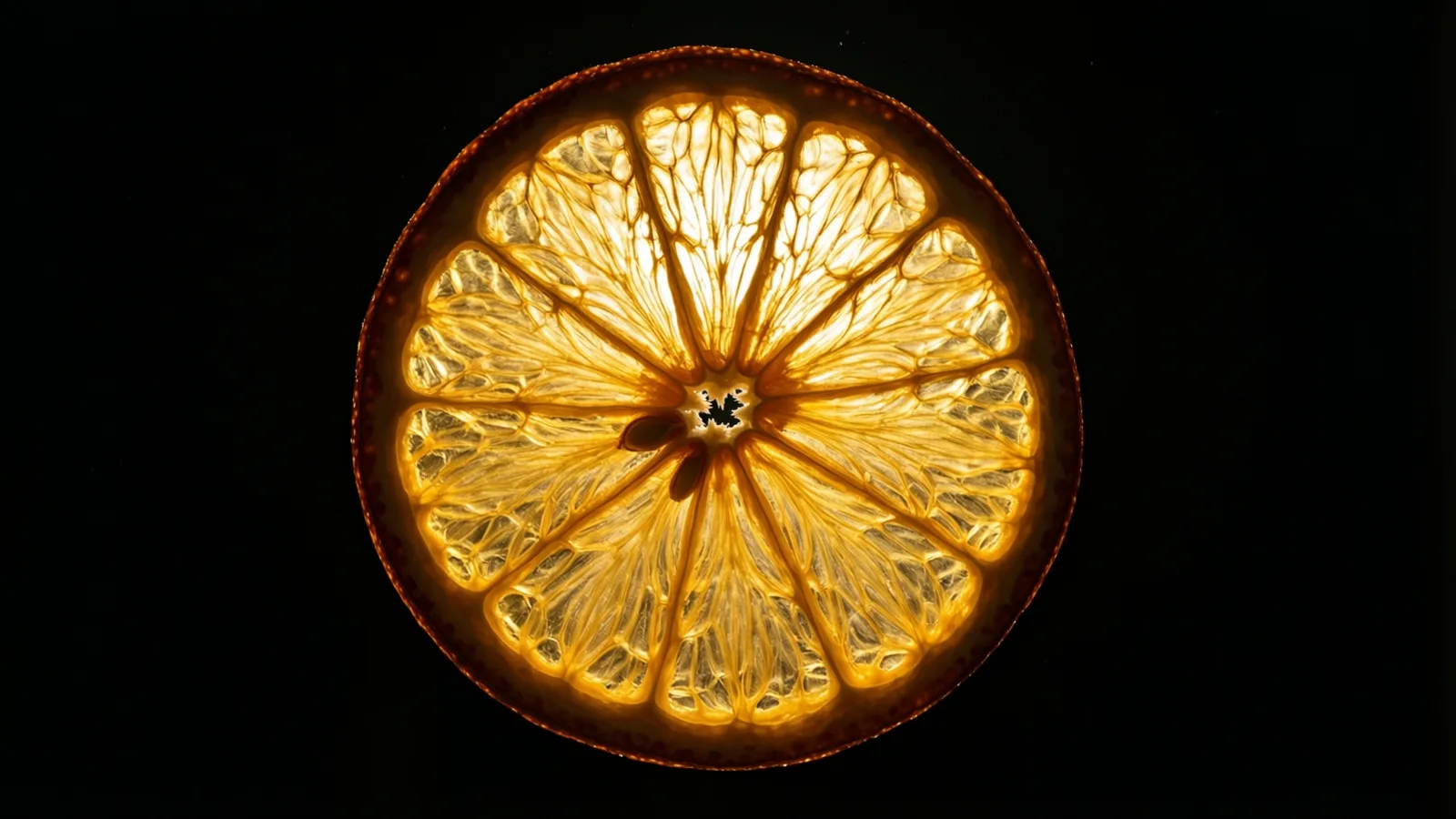 A round citrus slice with a dark rind and segmented flesh, lit from behind so the membranes glow amber and orange. Two small seeds sit near the centre, against a plain black background.