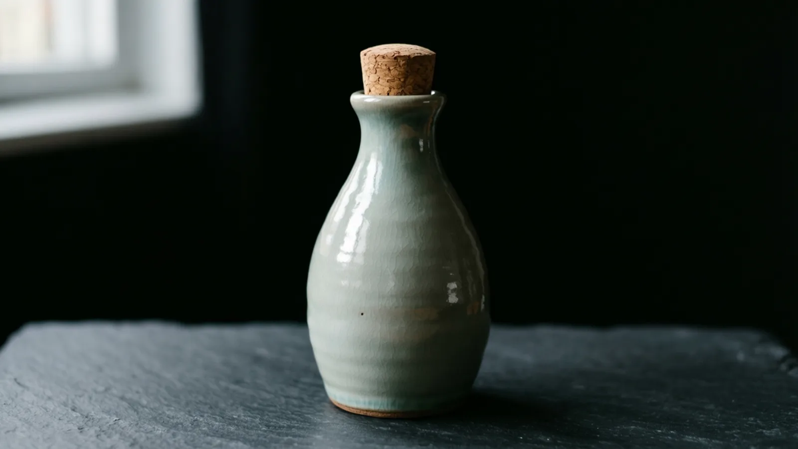 A small glazed ceramic bottle in pale grey-green with a cork stopper stands on a rough dark slate surface. Soft window light comes from the upper left, and the background is black.
