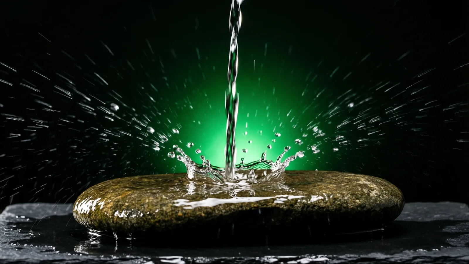 A thin stream of water pours onto a smooth, flat, mossy-brown stone, throwing up a crown of splashes and fine droplets. A green glow lights the dark background, and the stone rests on wet slate.