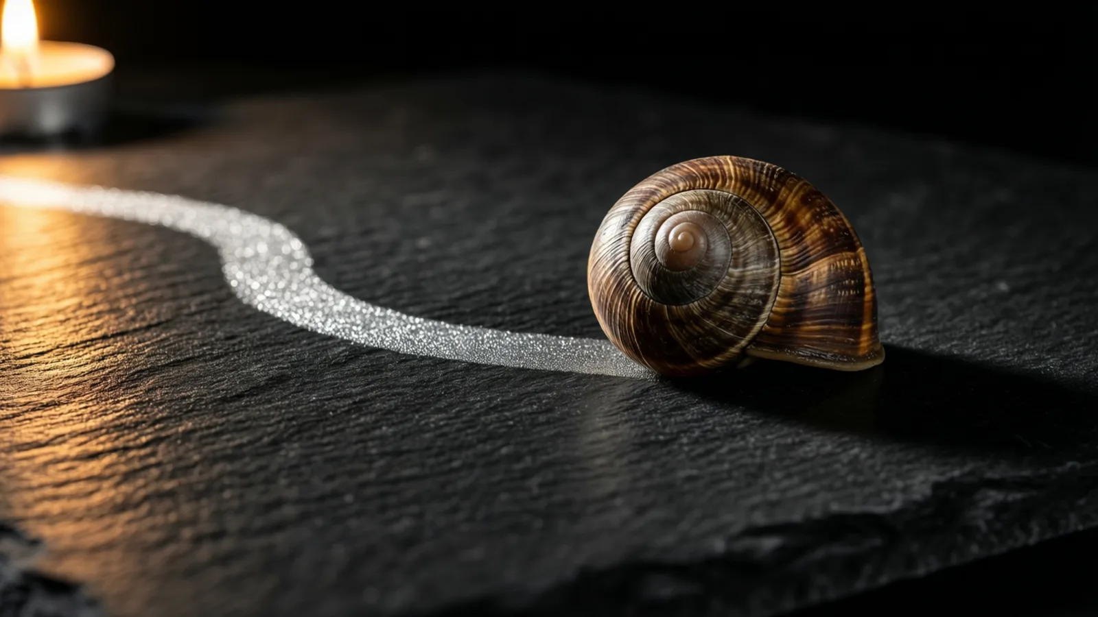 A brown spiral snail shell rests on dark textured slate, with a glittering pale trail curving away behind it. A lit tealight in the upper left casts warm light across the stone.