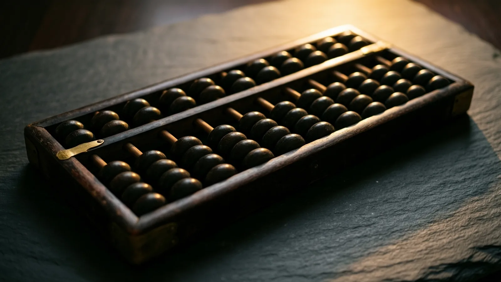 A dark wooden abacus with rows of black round beads on thin rods and small metal brackets on the frame, resting on a rough gray slate surface. Warm light falls from the upper right, with a dark wooden background behind.