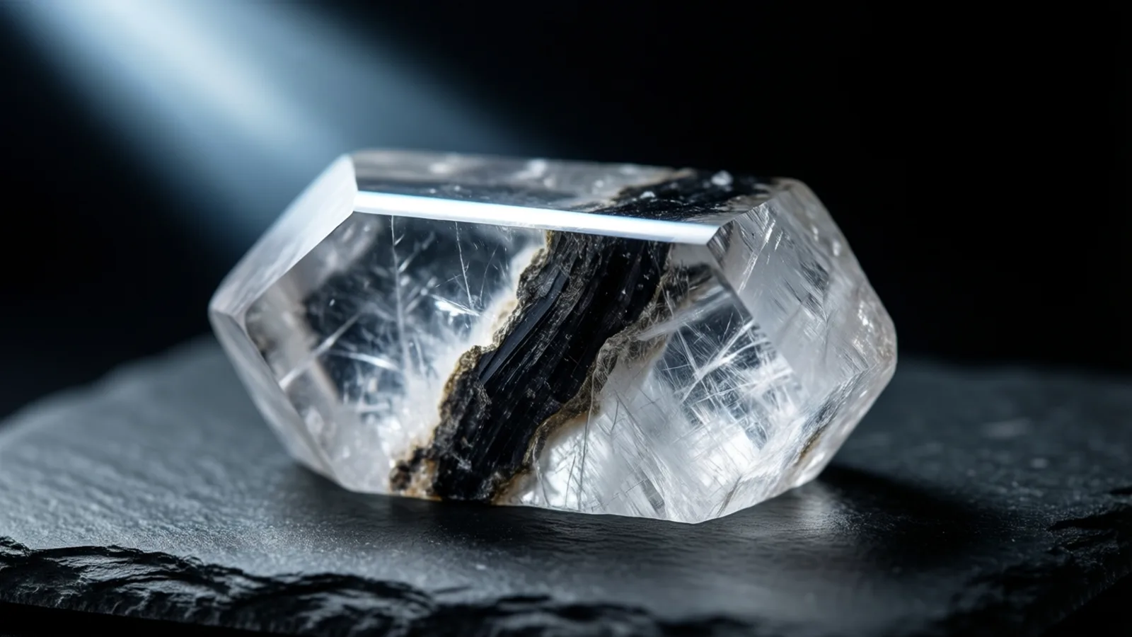 Un fragmento de cristal incoloro y tallado en facetas se apoya sobre una losa de pizarra oscura, con una veta mineral oscura que lo atraviesa por dentro de una cara a la otra. Una banda ancha de luz cruza la parte superior izquierda por detrás, y una línea brillante recorre el borde de la faceta superior plana. El entorno es negro.
