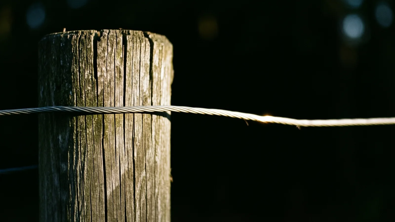 A weathered wooden post with deep vertical cracks stands at the left, with a twisted metal wire running across it and off to the right. Light catches the wire and the post face against a dark, blurred background.