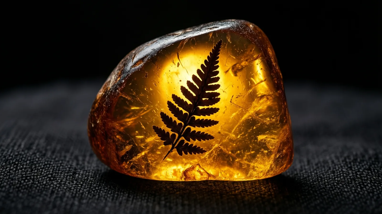A smooth, rounded piece of translucent amber glows orange and gold from within, with the dark silhouette of a fern frond inside it. It sits on a coarse black woven fabric against a black background.