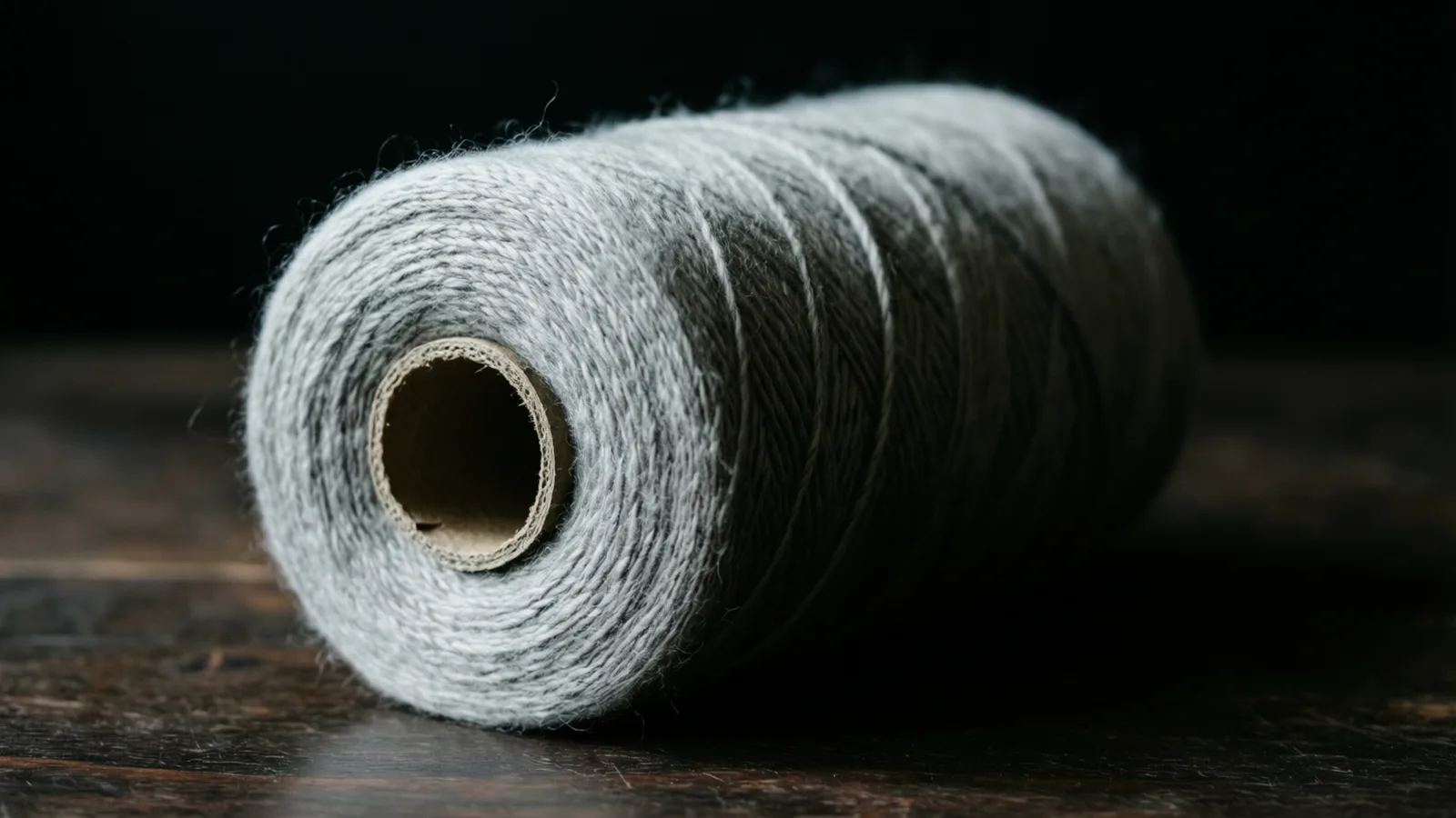 A spool of fuzzy grey and white yarn lies on its side on a dark worn wooden surface, with its cardboard core facing the camera. Soft light falls on the front of the yarn, and the background is black.