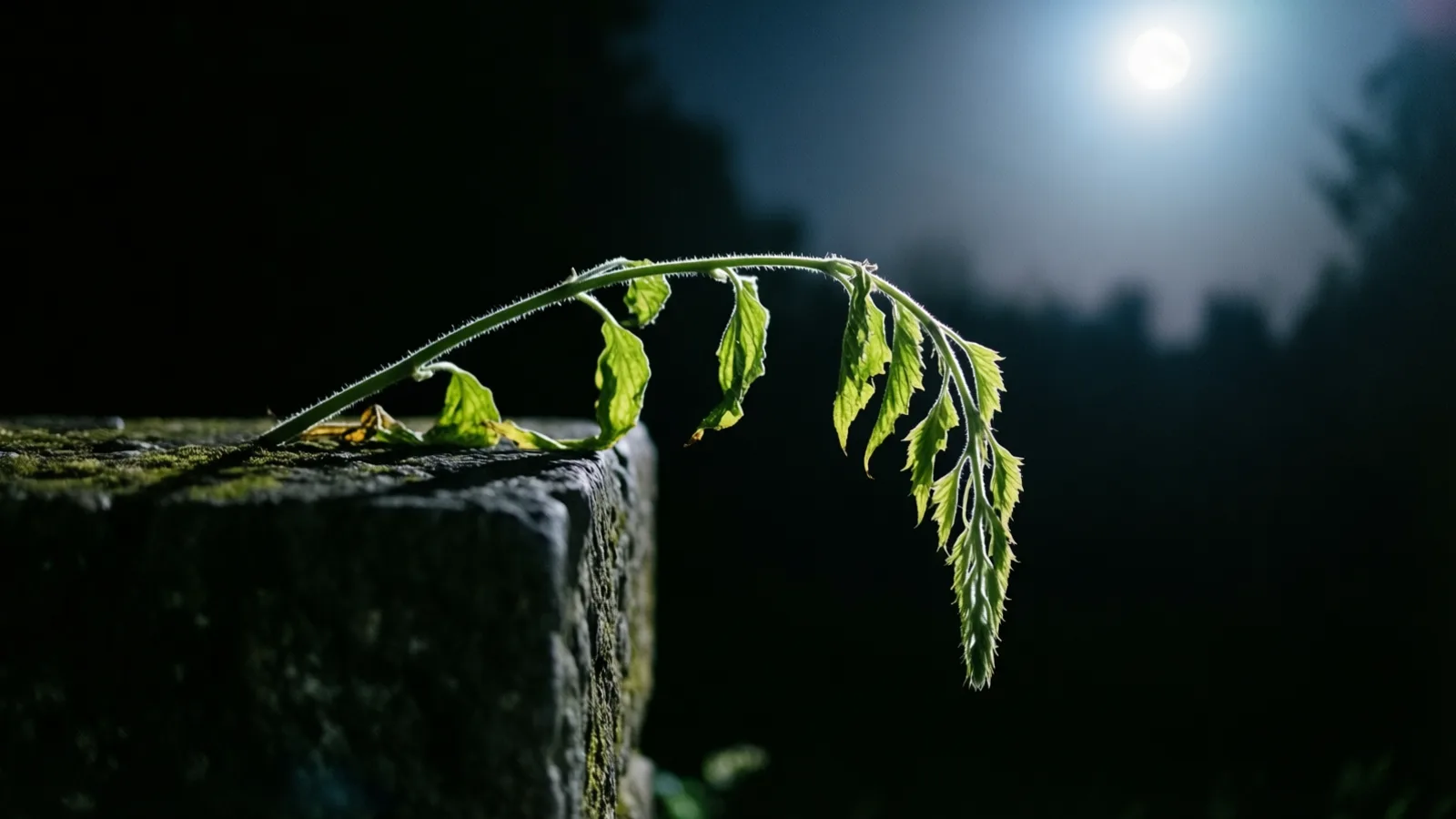 A thin green plant stem with several serrated leaves arches over the edge of a moss-covered stone block at night. A pale light glows in the blurred dark sky behind it, and the stem is lit from behind.