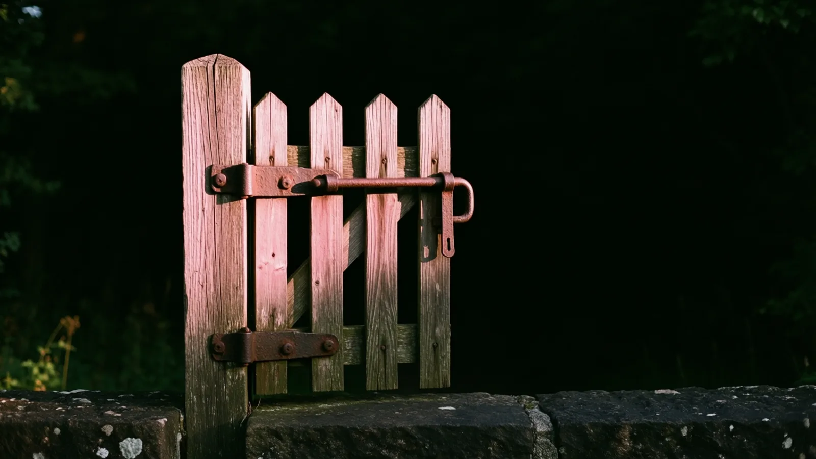 A small weathered wooden gate with pointed slats and rusty iron hinges and a sliding bolt latch, set in a stone wall. Light falls on the weathered wood from the left; the background is dark foliage and black.