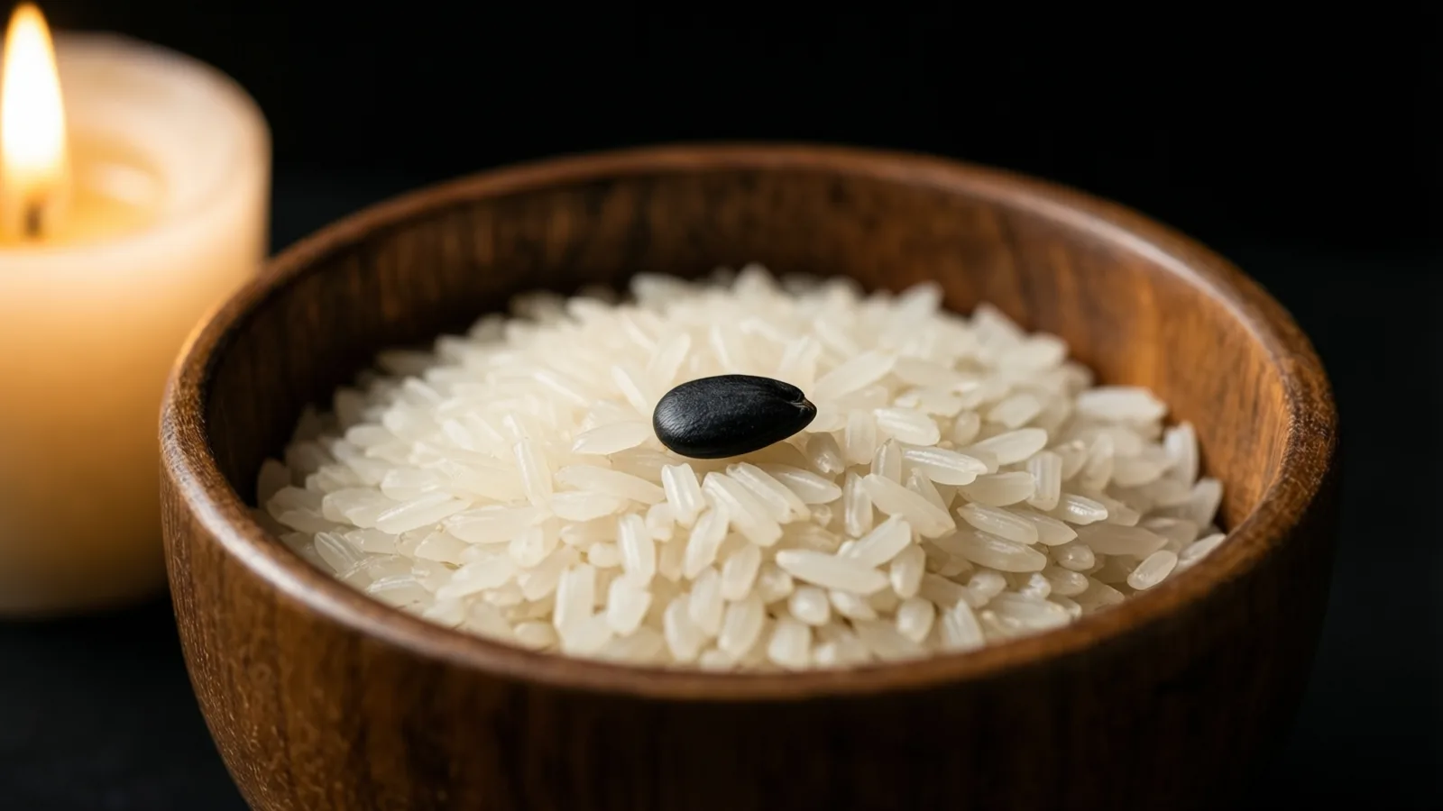Un tazón de madera oscura lleno de granos de arroz blanco lleva una semilla negra encima. A la izquierda hay una vela crema encendida cuya llama ilumina el borde del tazón; el fondo es negro.