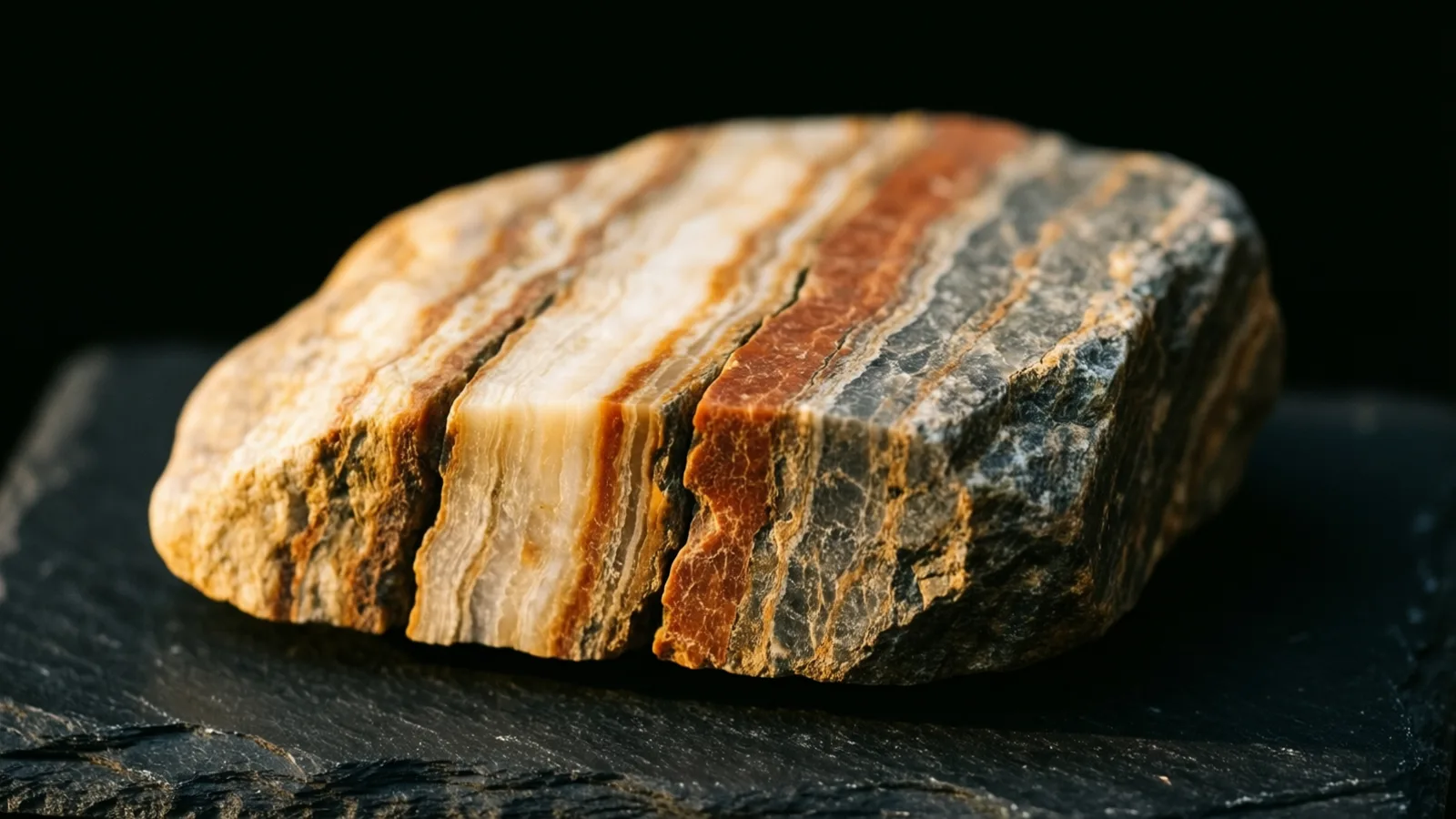 Una piedra rugosa y estratificada, con bandas verticales de color crema, rojo óxido y gris, descansa sobre una superficie de pizarra oscura. Una luz cálida cae desde la derecha sobre sus bordes quebrados; el fondo es negro.