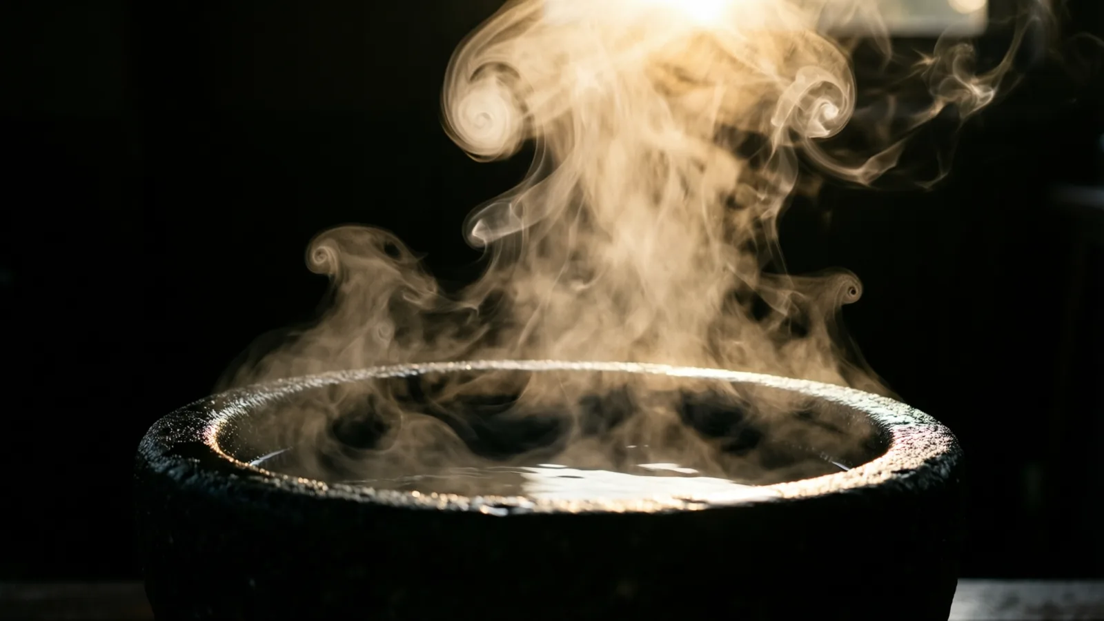 Un cuenco de piedra oscura y rugosa contiene un líquido quieto del que suben volutas de vapor en espiral. Una luz intensa llega desde arriba, detrás del vapor, y resalta el borde del cuenco y la superficie del agua; el fondo es negro.